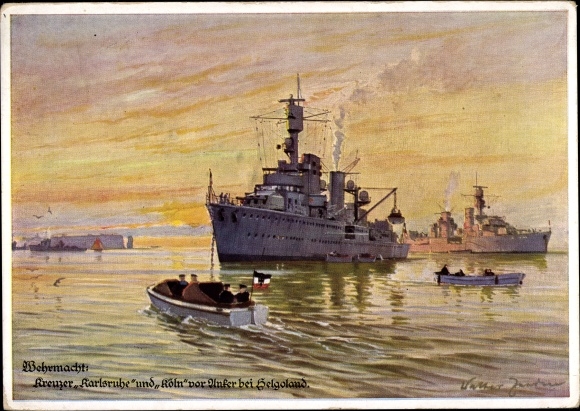 Künstler Ak Zeeden, Walter, Kreuzer Karlsruhe und Köln, Vor Anker bei Helgoland, Kriegsmarine