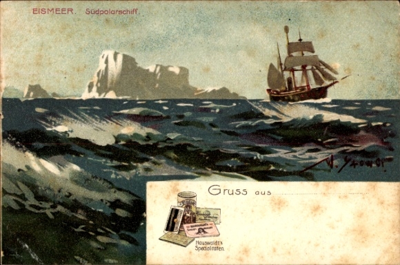 Artist Postcard Stöwer, Willy, South Polar Ship on the Arctic Ocean, advertising Hauswaldt's specialties