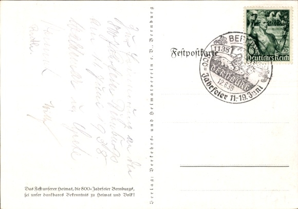 Artist Postcard Bernburg an der Saale, 800th anniversary 1938, patronage Hermann Göring