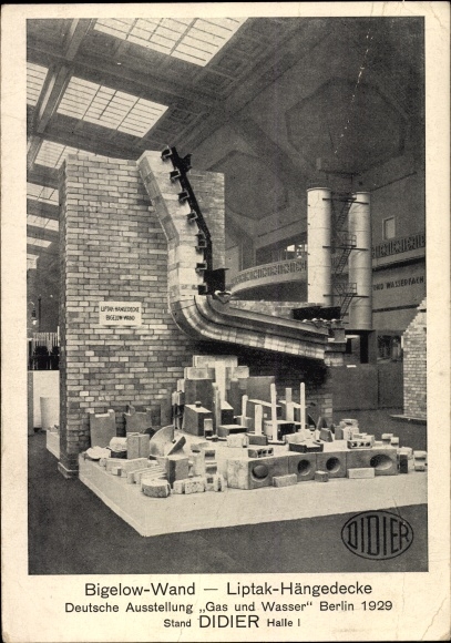 Postcard Bigelow wall, Liptak hanging ceiling, Didier company, German exhibition gas and water Berlin 1929