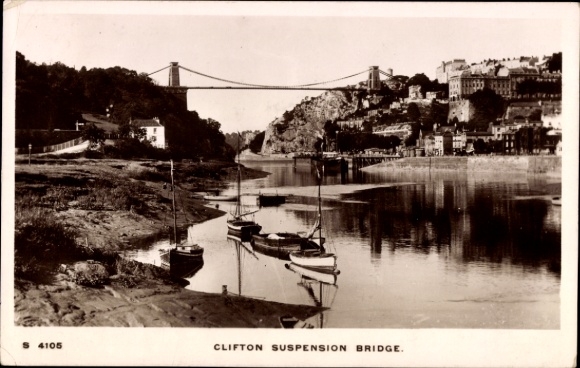 Ak Bristol South West England, Clifton Suspension Bridge, Boote im Wasser, Stadtansicht