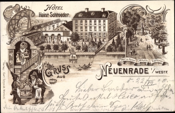 Chromo-Litho Neuenrade in Sauerland, hotel, wall with Kaiser Wilhelm I monument, dwarfs