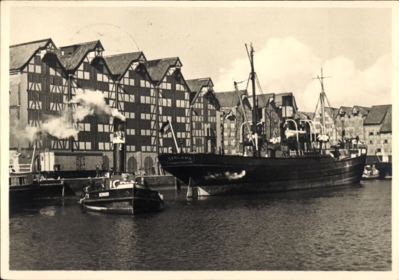 Ak Kaliningrad Königsberg Ostpreußen, Am Hundegatt, Dampfer Samland vor Anker, Schlepper Hermann