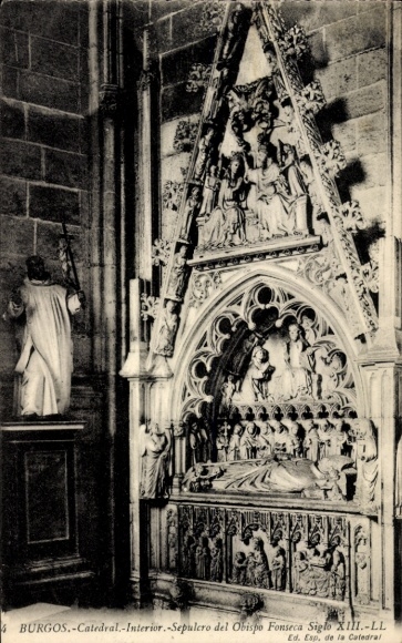 Ak Burgos Kastilien und León, Burgos Kathedrale, Innenansicht, Grab des Bischofs Fonseca, Skulptu
