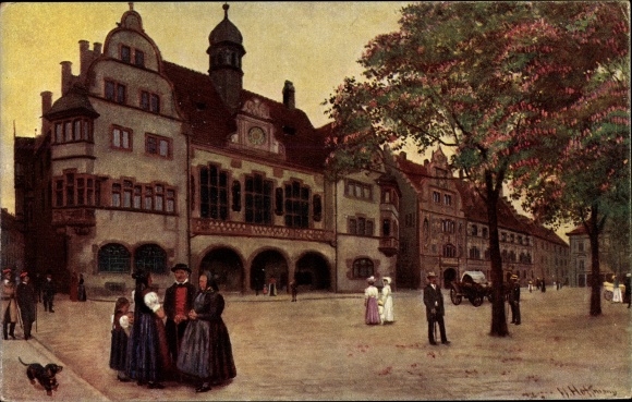 Künstler Ak Hoffmann, H., Freiburg im Breisgau, Altes und neues Rathaus, Trachten, Dackel