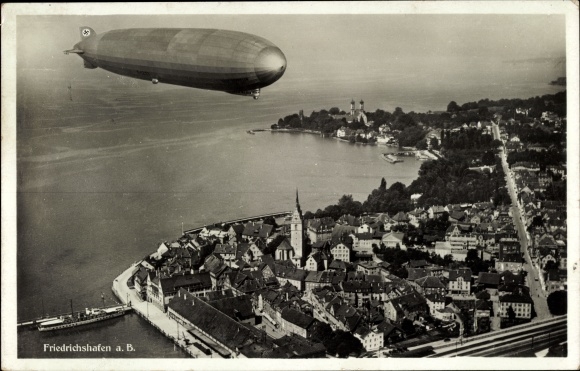 PC Friedrichshafen on Lake Constance, airship LZ 127 Graf Zeppelin at full speed, aerial photo