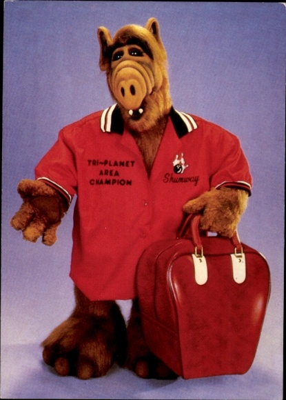 Postcard Alf with bowling shirt and bowling bag, Really great, portrait
