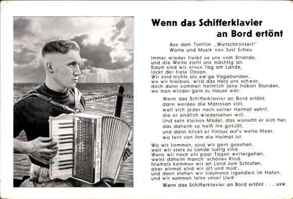 Song Postcard When the ship's piano sounds on board, Sailor with accordion