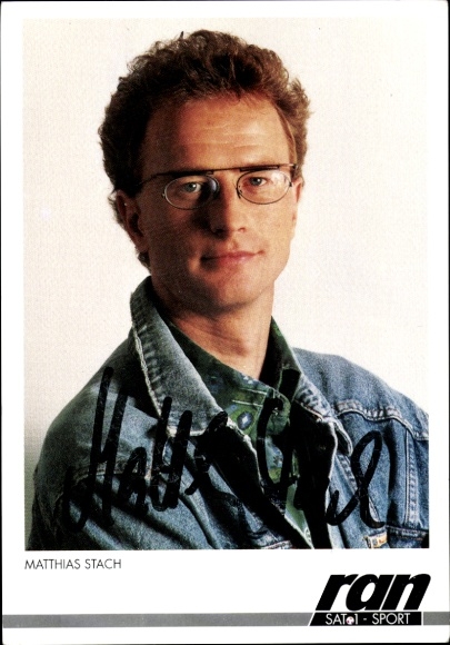 Postcard Moderator Matthias Stach, portrait, autograph
