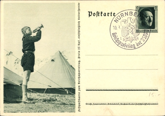 Postal stationery Postcard HJ Pimpf blows the roll call, tent camp, Reich Party Rally 1937