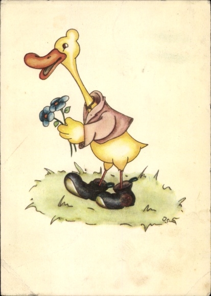 Postcard Forst in der Lausitz, A duck with a flower in its beak, dressed in a shirt, vest and shoes.