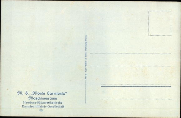 Postcard HSDG steamer Monte Sarmiento, engine room, interior view