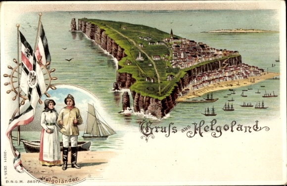 Chromo-Litho Helgoland in Schleswig Holstein, island, Helgoland, flags