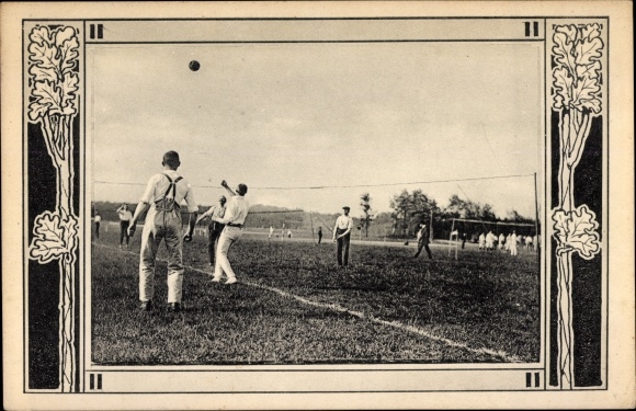 Art Nouveau Passepartout Postcard men play volleyball