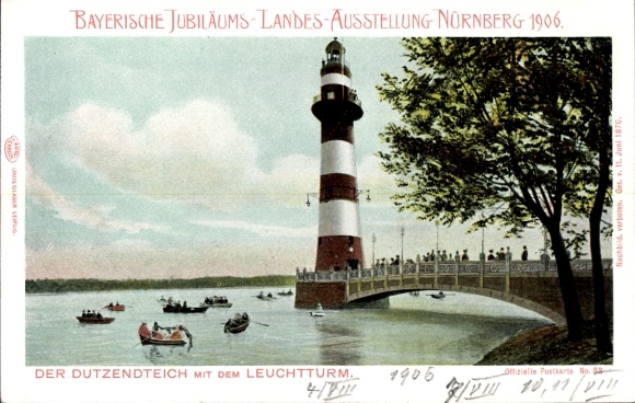 Ak Dutzendteich Nürnberg in Mittelfranken Bayern, Leuchtturm, Dutzendteich, Boote, Bäume, Jubiläu