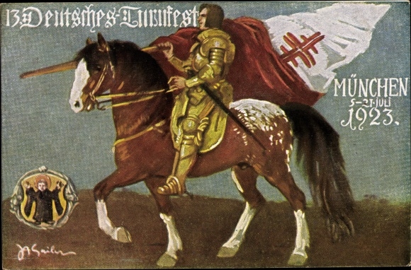 Künstler Ak München, 13. Deutsches Turnfest 1923, Ritter mit Fahne