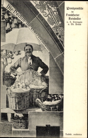 Ak Frankfurt am Main, Oberschweinstiege, Wandgemälde, Frau am Stand, Obstkörbe, Ratssaal, 3. Corr