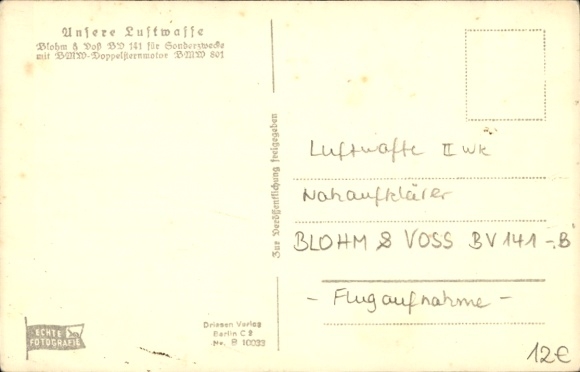 Postcard German Air Force, Blohm & Voss BV 141 special purpose aircraft, BMW double star engine 801