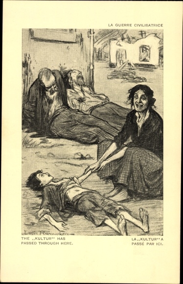 Artist Postcard The Kultur has passed through here, Victims of War, Crazy Mother, Croix Rouge Francaise