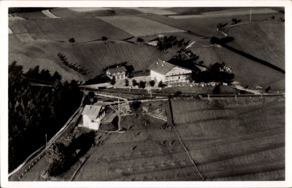 Postcard Wilzhofen Wielenbach Upper Bavaria, Hotel-Café Hirschberg Alm, aerial photo