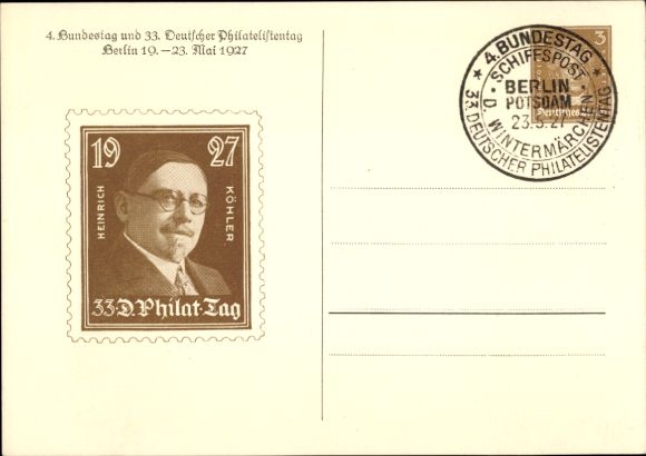 Papeteria pocztowa KP 4. Bundestag i 33. Niemieckie Święto Filatelistów 1927, Heinrich Köhler, GS DR PP 97 C2 03