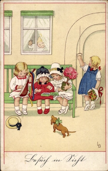 Artist Postcard Döring, Lia, children with flowers and chocolates, lute, dachshund