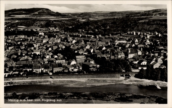 Postcard Merzig on the Saar, aerial view of Saar, houses, river, landscape