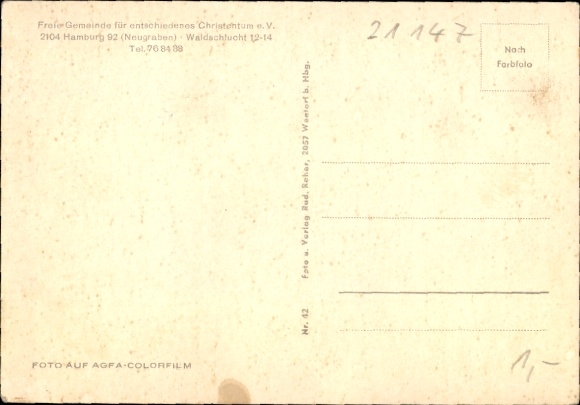 Postcard Hamburg Harburg Neugraben, Free Community for Resolute Christianity eV