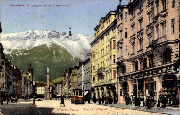 KP Innsbruck Tirol, Patscherkofel, Maria Theresienstraße, dom towarowy Josef Bauer & Son, góry w