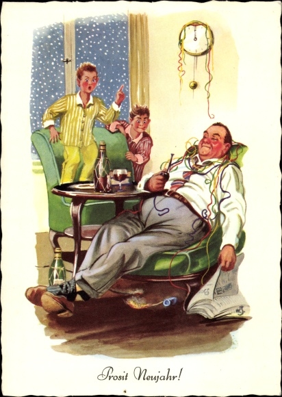 Postcard congratulations new year, sylvester, new year, children, sleeping drunk father