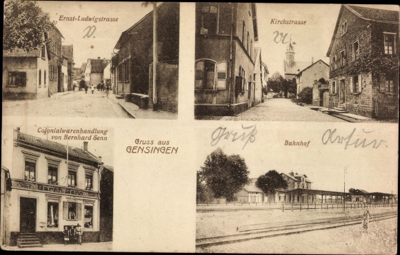 Postcard Gensingen in Rheinhessen, grocery store, train station, track side, Kirchstrasse
