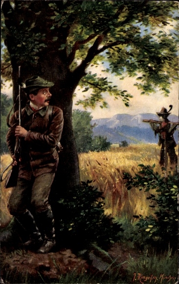 Artist Postcard Ringeilen, J., Hunter frightened by a scarecrow