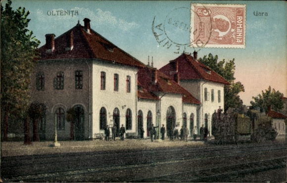 Postcard Oltenița Romania, train station, track side