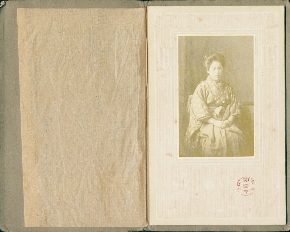 Cabinet photo Yamagata Japan, seated portrait of a Japanese woman in a kimono