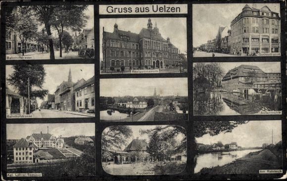 Postcard Uelzen in Lower Saxony, Bahnhofstraße, Bahnhohtrasse, Realgymnasium, Aullemuble, Kgl. Lehr...
