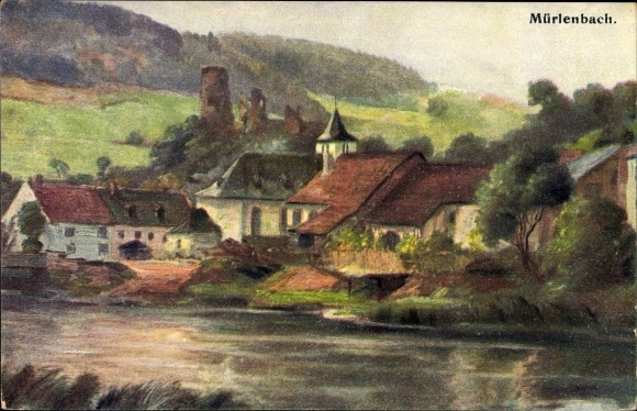 Künstler Ak Mürlenbach in der Eifel, Blick auf den Ort, Ruine, Fluss, Kirche