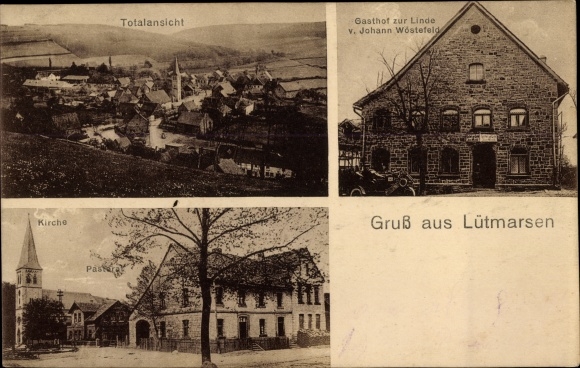 Ak Lütmarsen Höxter Nordrhein Westfalen, Gesamtansicht, Gasthof zur Linde, Kirche