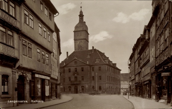 Postcard Bad Langensalza in Thuringia, town hall, architecture, street, black and white design