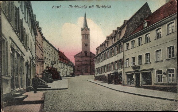 Postcard Kusel in der Pfalz, Marktstrasse, marketplace, church, shops