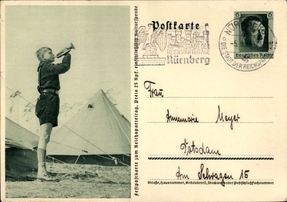 Postal stationery Postcard HJ Pimpf blows the roll call, tent camp, Reich Party Rally 1937