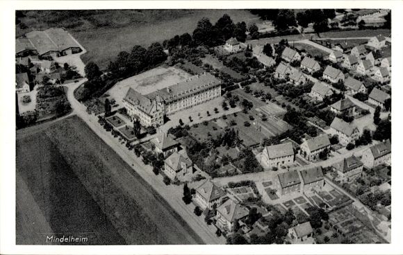 Postcard Mindelheim in Unterallgäu, aerial view of cityscape, buildings, green areas