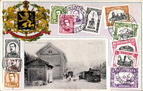 Birefmarken coat of arms Postcard Houffalize Wallonia Luxembourg, station, track side