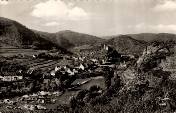 Postcard Kreuzberg Altenahr in the Ahr Valley, panorama, castle, campsite