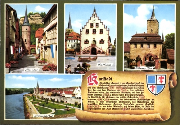 Postcard Karlstadt am Main Lower Franconia, Main Gate, Town Hall, Upper Gate, Mainpartie