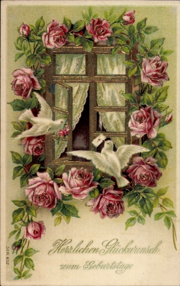 Embossed PC congratulations birthday, roses, carrier pigeons