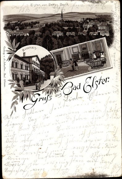 Chromo-Litho Bad Elster in the Vogtland, overall view, bathhouse, King Mary and Albert spring