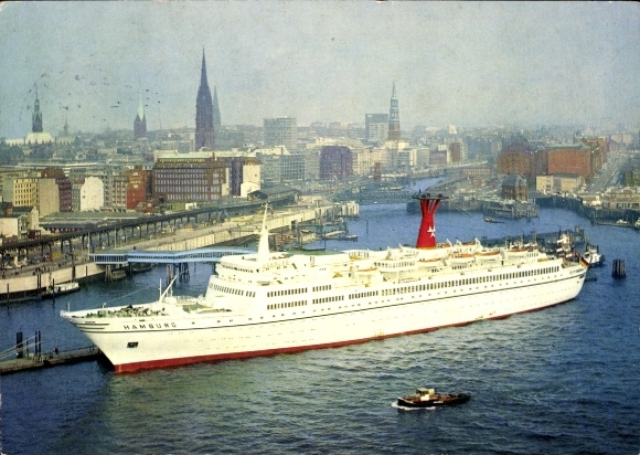 Postcard Hamburg, TS Hamburg, Überseebrücke, Hamburg Atlantic Line