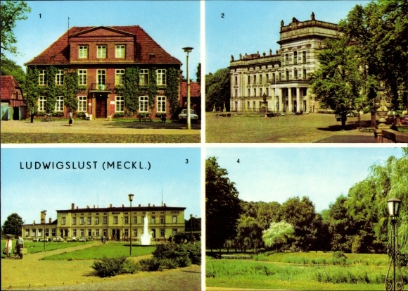 Ak Ludwigslust in Mecklenburg, Rathaus, Schloss (jetzt Kreisratsgebäude), Bahnhof, Im Schlosspark
