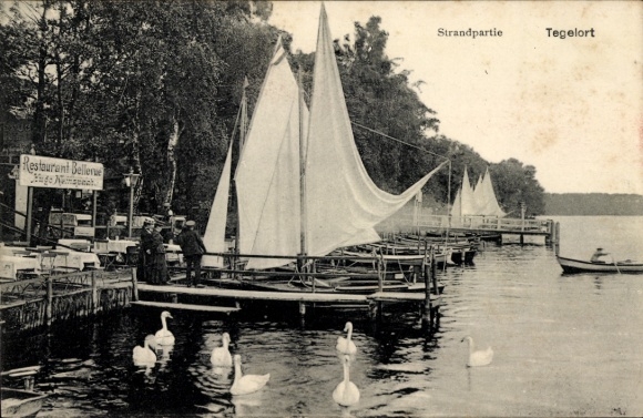 Postcard Berlin Reinickendorf Konradshöhe Tegelort, Restaurant Bellevue, sailing boats
