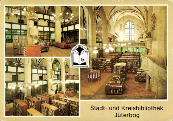 Postcard Jüterbog in Brandenburg, interior shots of the Jüterbog City and District Library